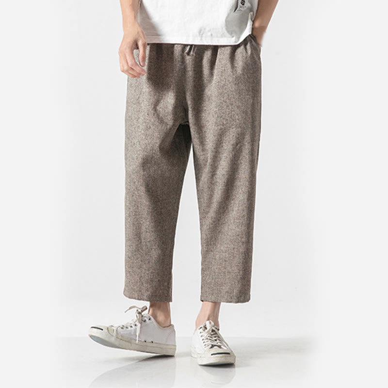 Buddha Stones Summer Plain Men's 7-8 Length Cotton Linen Pants With Pockets