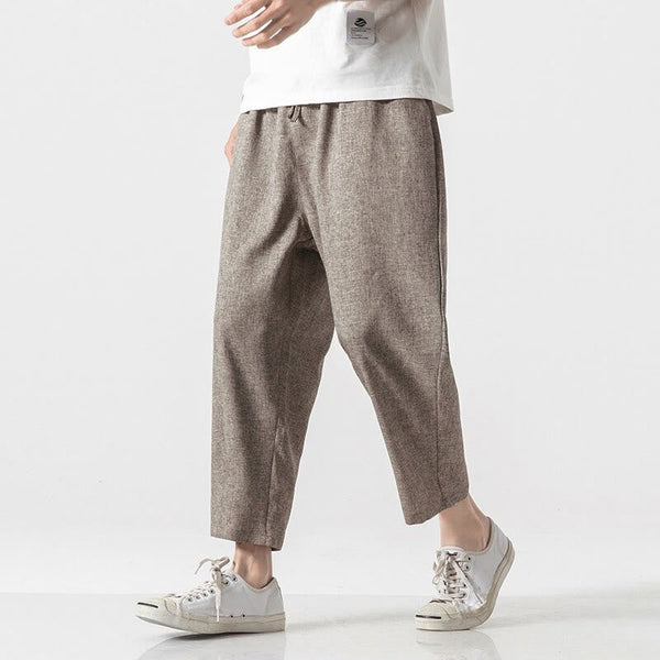 Buddha Stones Summer Plain Men's 7-8 Length Cotton Linen Pants With Pockets