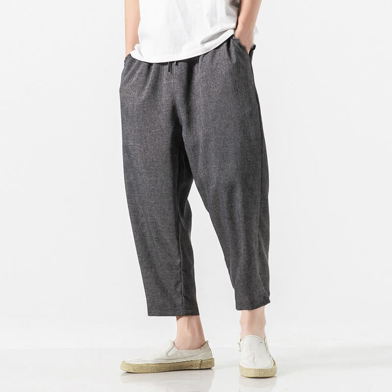 Buddha Stones Summer Plain Men's 7-8 Length Cotton Linen Pants With Pockets
