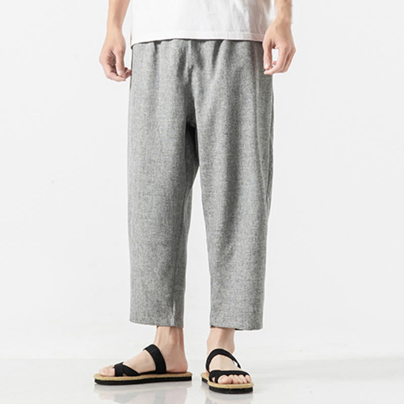 Buddha Stones Summer Plain Men's 7-8 Length Cotton Linen Pants With Pockets