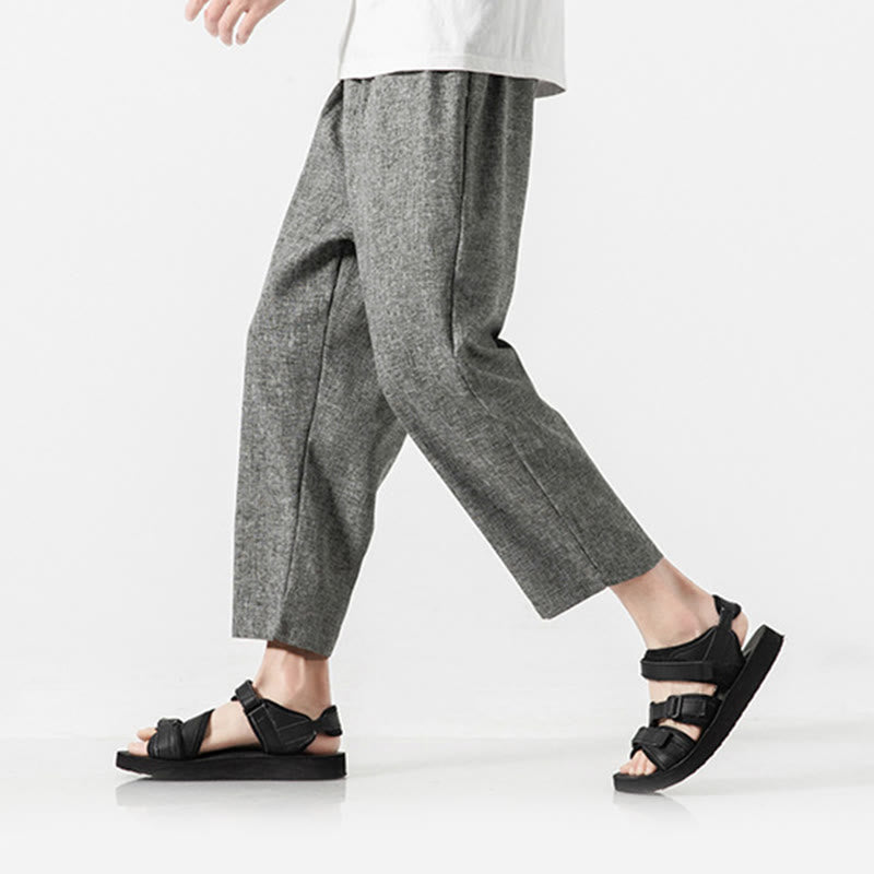 Buddha Stones Summer Plain Men's 7-8 Length Cotton Linen Pants With Pockets