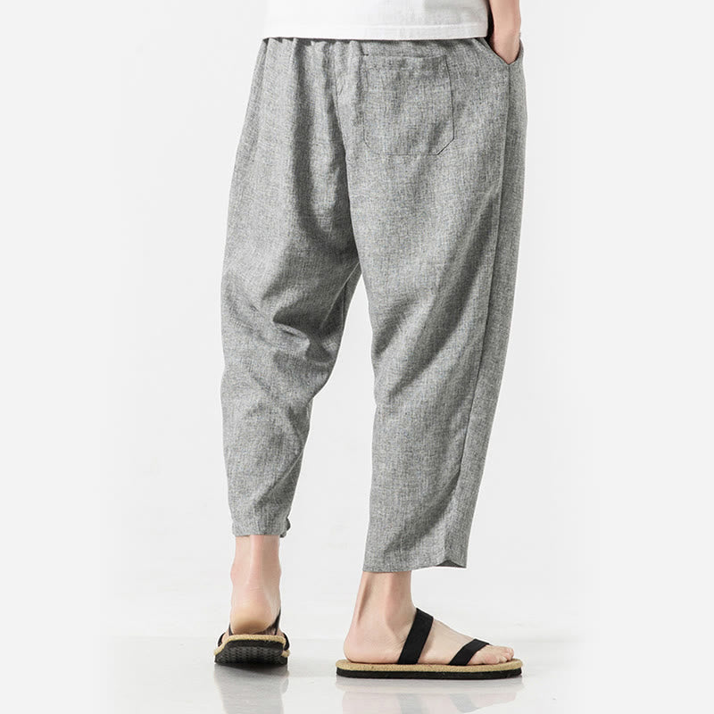 Buddha Stones Summer Plain Men's 7-8 Length Cotton Linen Pants With Pockets