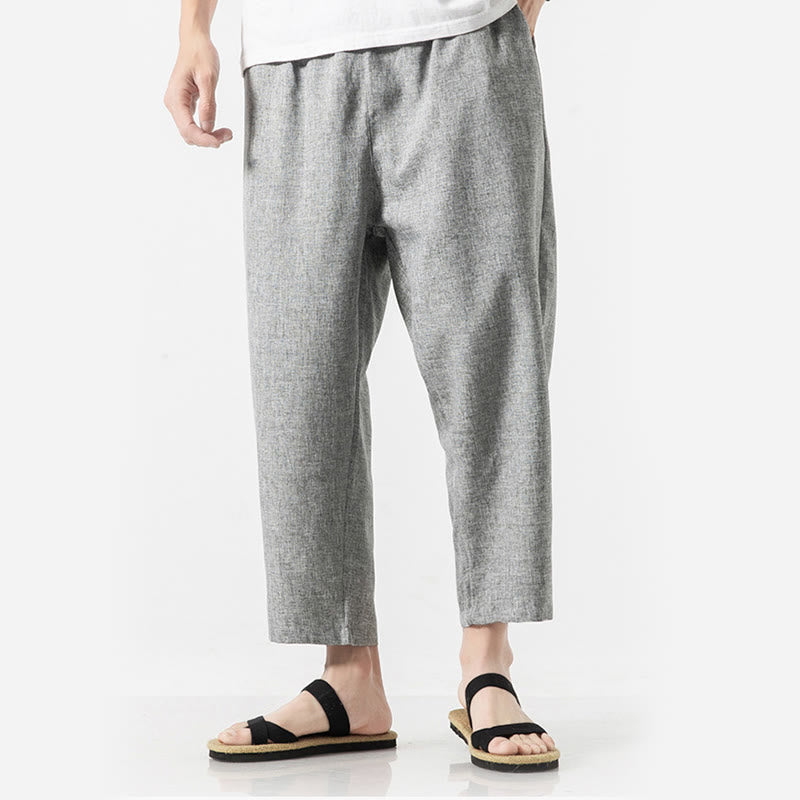 Buddha Stones Summer Plain Men's 7-8 Length Cotton Linen Pants With Pockets