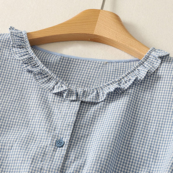 Buddha Stones Spring Plaid Ruffled Crew Neck Design Three Quarter Sleeve Cotton Women's Shirt