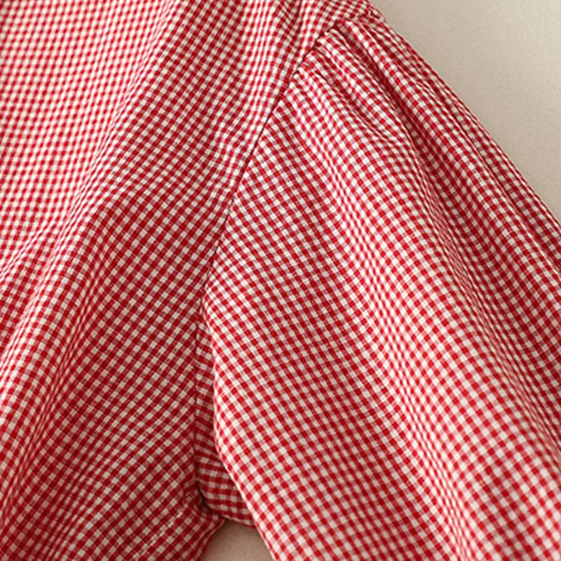 Buddha Stones Spring Plaid Ruffled Crew Neck Design Three Quarter Sleeve Cotton Women's Shirt