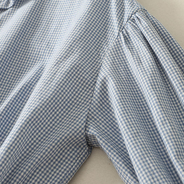 Buddha Stones Spring Plaid Ruffled Crew Neck Design Three Quarter Sleeve Cotton Women's Shirt