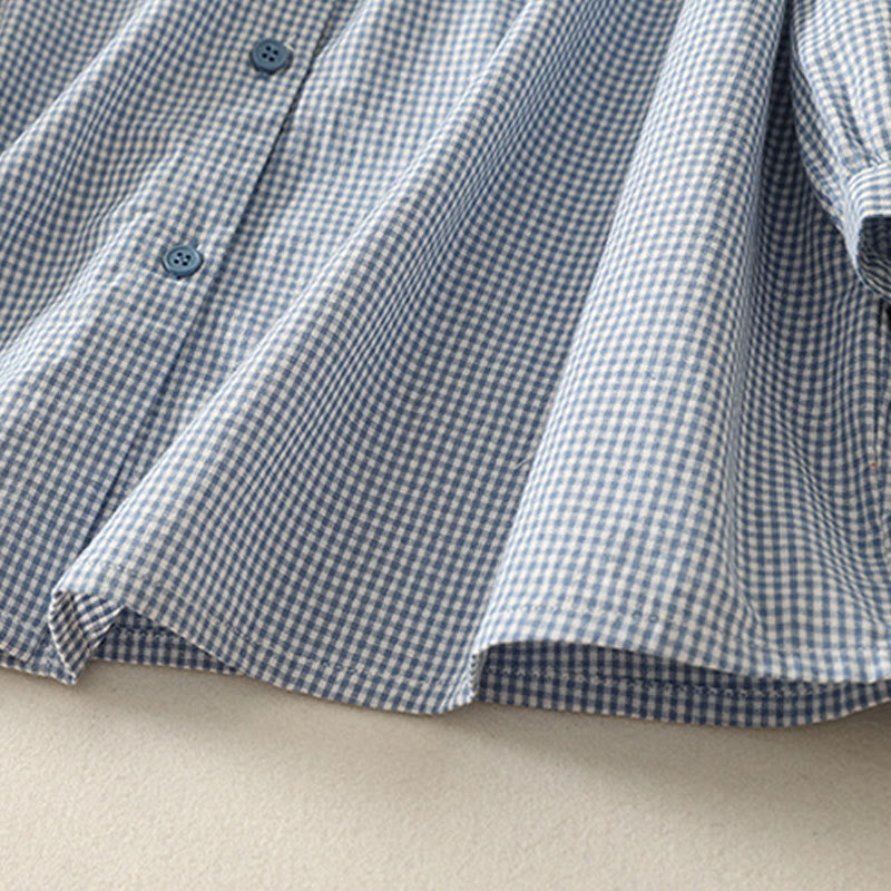 Buddha Stones Spring Plaid Ruffled Crew Neck Design Three Quarter Sleeve Cotton Women's Shirt