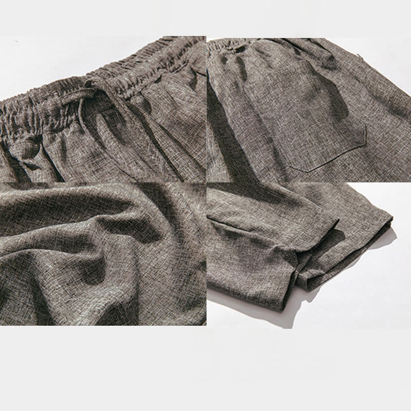 Buddha Stones Summer Plain Men's 7-8 Length Cotton Linen Pants With Pockets