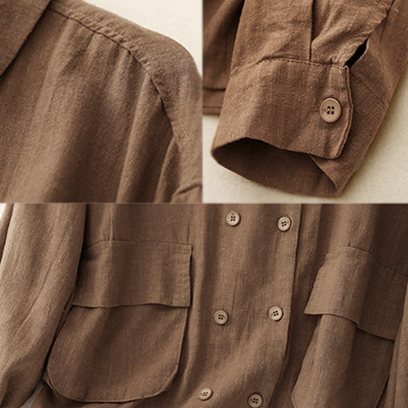 Buddha Stones Double‑Breasted Design Long Sleeve Women's Cotton Linen Jacket With Pockets