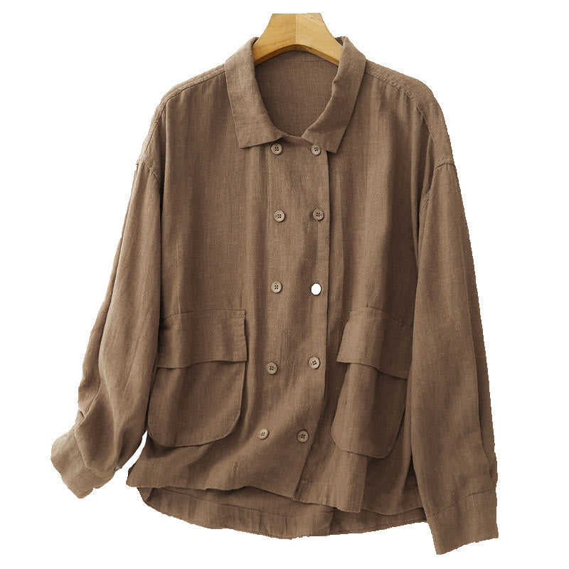 Buddha Stones Double‑Breasted Design Long Sleeve Women's Cotton Linen Jacket With Pockets