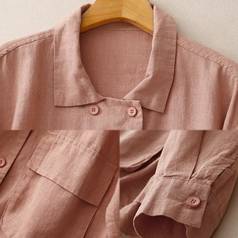 Buddha Stones Double‑Breasted Design Long Sleeve Women's Cotton Linen Jacket With Pockets