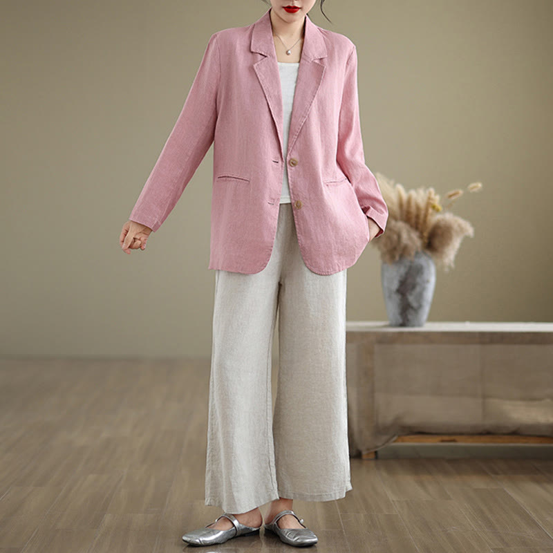 Buddha Stones Spring Casual Solid Color Long Sleeve Cotton Linen Women's Jacket With Pockets