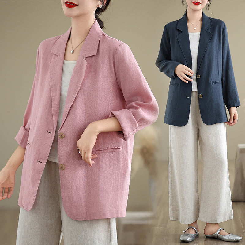 Buddha Stones Spring Casual Solid Color Long Sleeve Cotton Linen Women's Jacket With Pockets