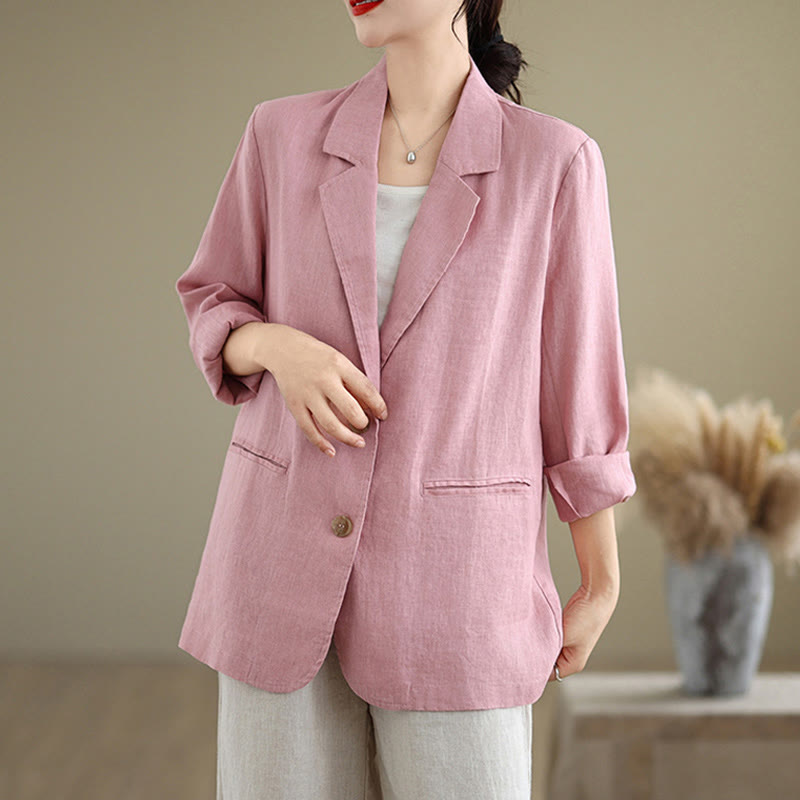 Buddha Stones Spring Casual Solid Color Long Sleeve Cotton Linen Women's Jacket With Pockets
