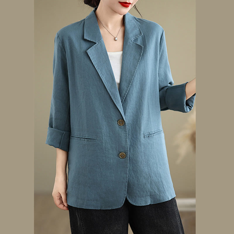 Buddha Stones Spring Casual Solid Color Long Sleeve Cotton Linen Women's Jacket With Pockets