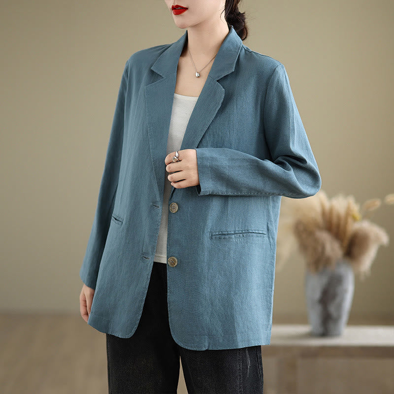 Buddha Stones Spring Casual Solid Color Long Sleeve Cotton Linen Women's Jacket With Pockets