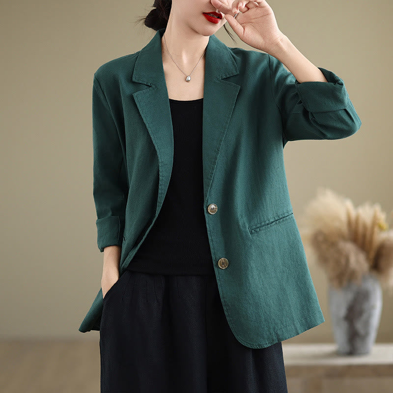 Buddha Stones Spring Casual Solid Color Long Sleeve Cotton Linen Women's Jacket With Pockets