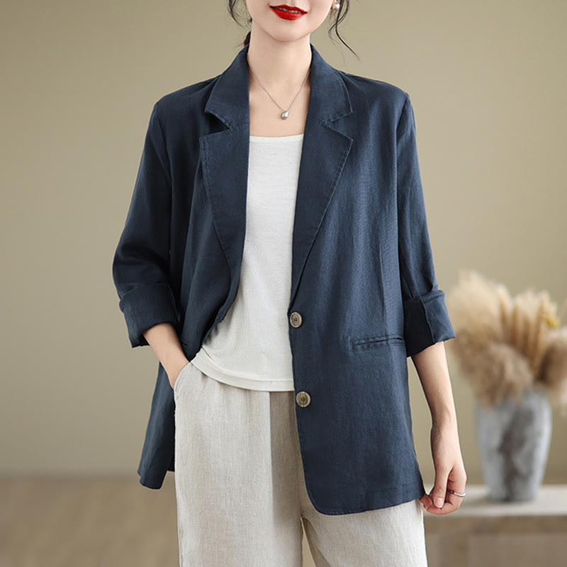 Buddha Stones Spring Casual Solid Color Long Sleeve Cotton Linen Women's Jacket With Pockets