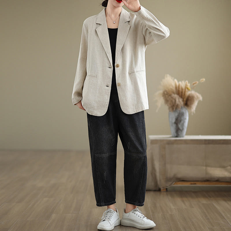 Buddha Stones Spring Casual Solid Color Long Sleeve Cotton Linen Women's Jacket With Pockets