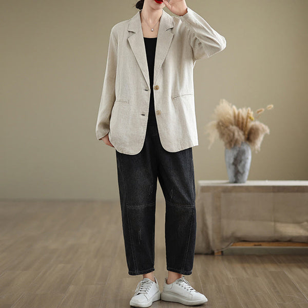 Buddha Stones Spring Casual Solid Color Long Sleeve Cotton Linen Women's Jacket With Pockets