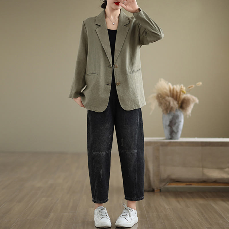 Buddha Stones Spring Casual Solid Color Long Sleeve Cotton Linen Women's Jacket With Pockets