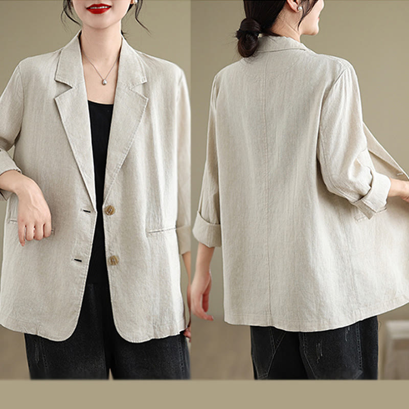 Buddha Stones Spring Casual Solid Color Long Sleeve Cotton Linen Women's Jacket With Pockets