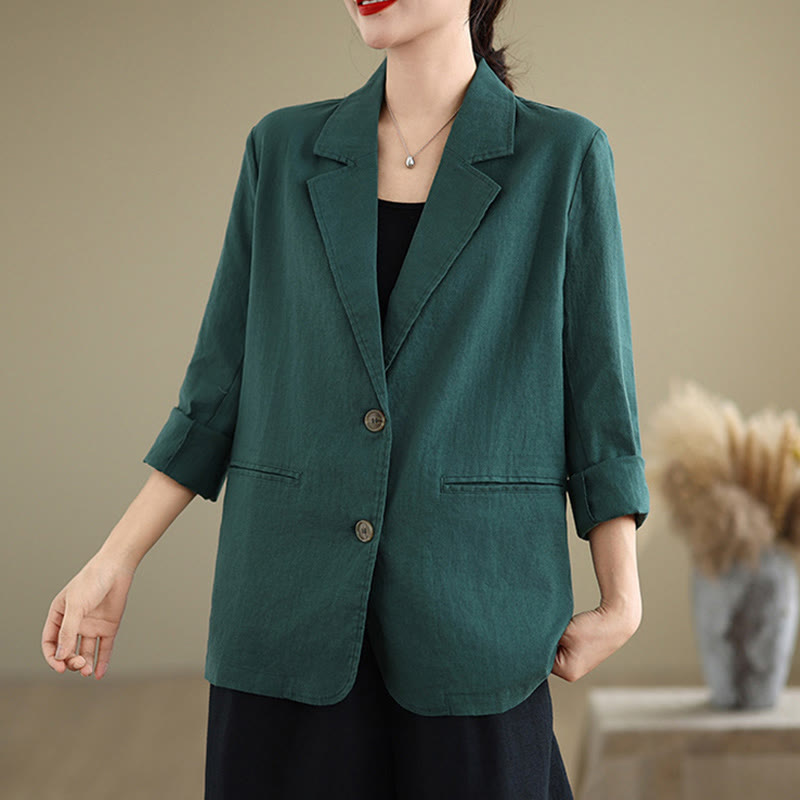Buddha Stones Spring Casual Solid Color Long Sleeve Cotton Linen Women's Jacket With Pockets