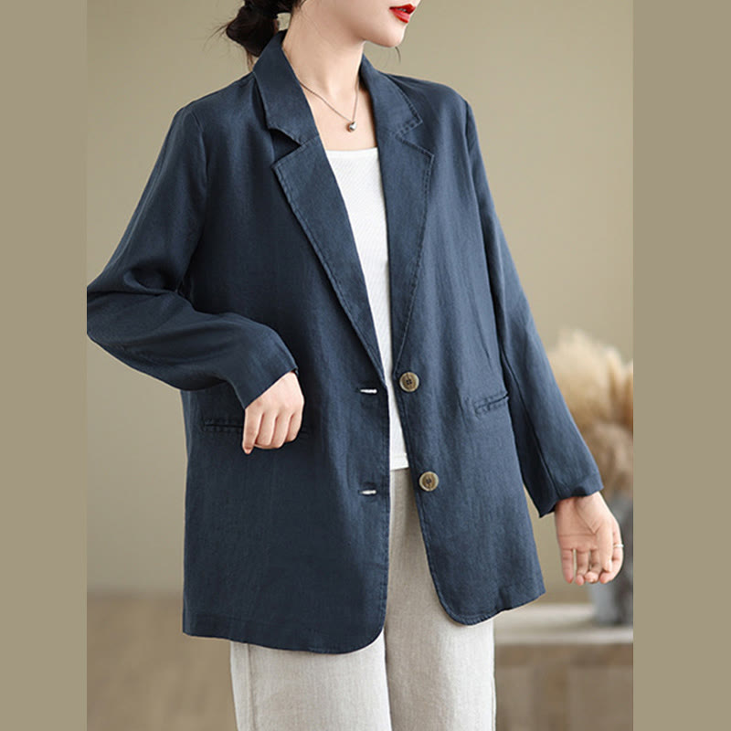 Buddha Stones Spring Casual Solid Color Long Sleeve Cotton Linen Women's Jacket With Pockets