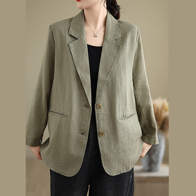 Buddha Stones Spring Casual Solid Color Long Sleeve Cotton Linen Women's Jacket With Pockets