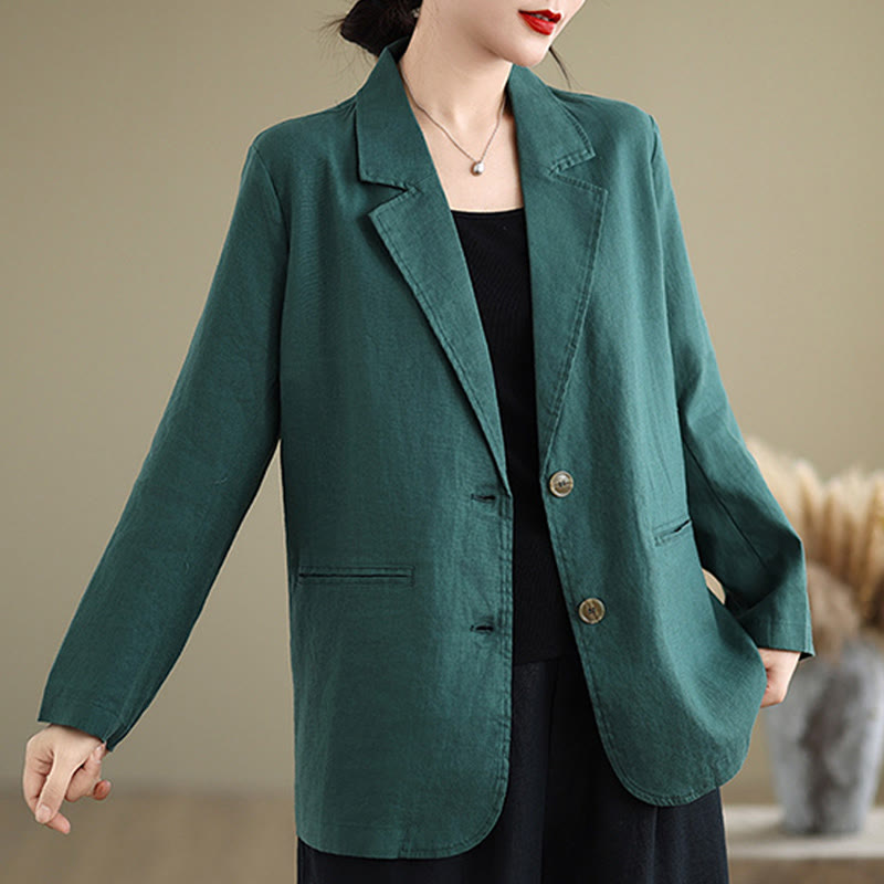 Buddha Stones Spring Casual Solid Color Long Sleeve Cotton Linen Women's Jacket With Pockets