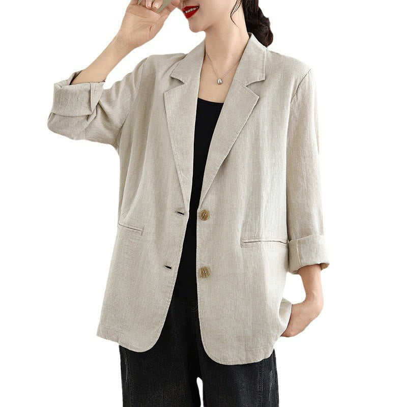 Buddha Stones Spring Casual Solid Color Long Sleeve Cotton Linen Women's Jacket With Pockets