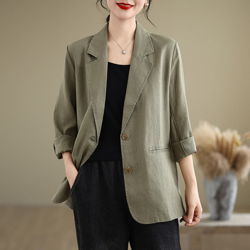Buddha Stones Spring Casual Solid Color Long Sleeve Cotton Linen Women's Jacket With Pockets