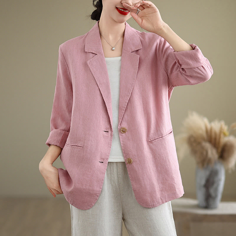 Buddha Stones Spring Casual Solid Color Long Sleeve Cotton Linen Women's Jacket With Pockets