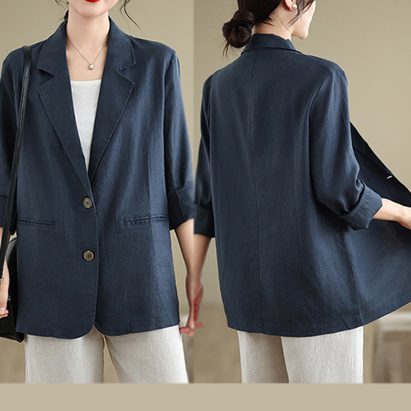 Buddha Stones Spring Casual Solid Color Long Sleeve Cotton Linen Women's Jacket With Pockets