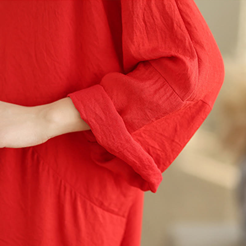 Buddha Stones Fall Casual V-Neck Long Sleeve Cotton Maxi Dress