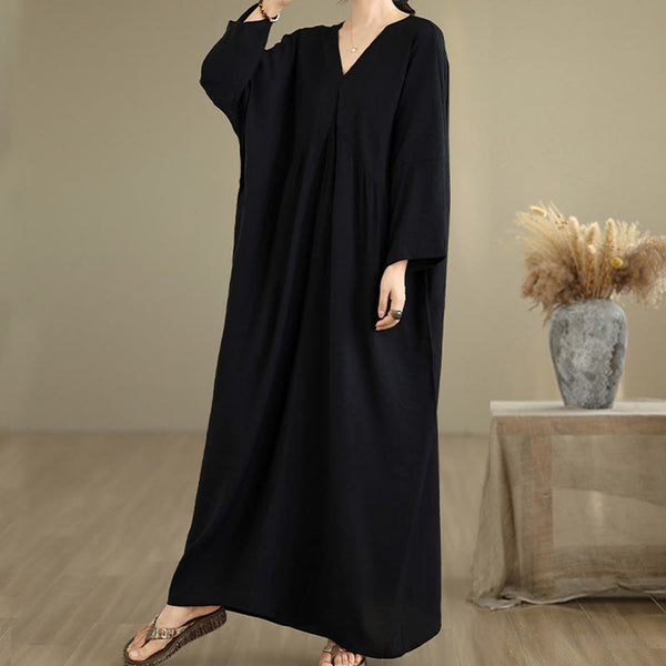 Buddha Stones Fall Casual V-Neck Long Sleeve Cotton Maxi Dress