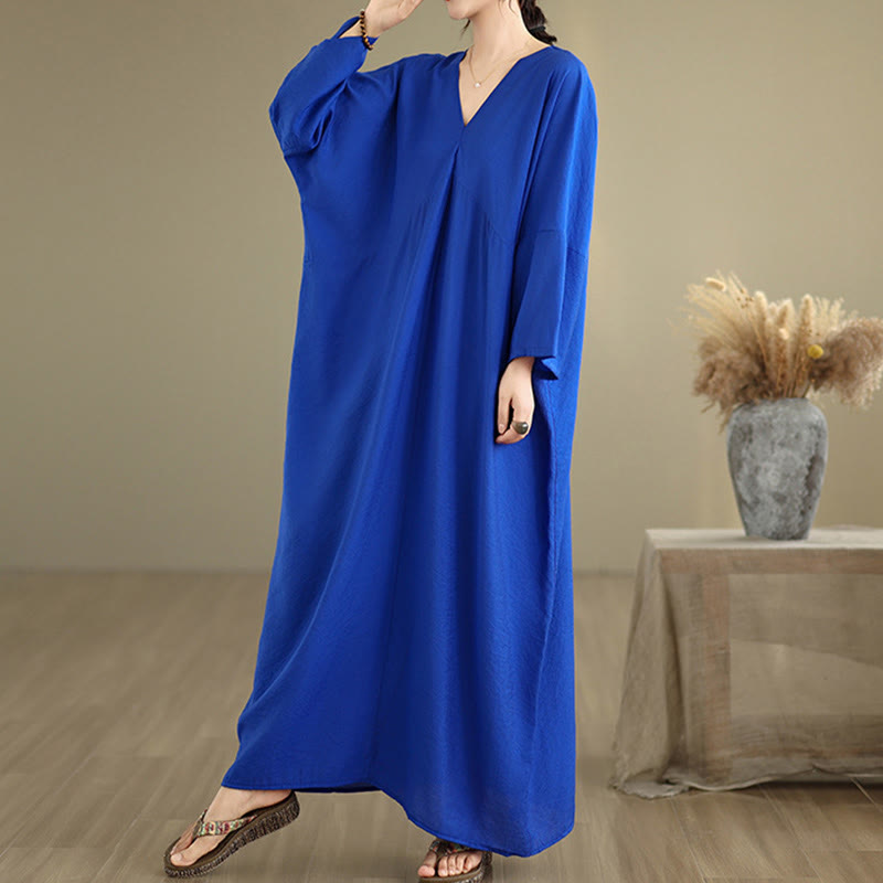 Buddha Stones Fall Casual V-Neck Long Sleeve Cotton Maxi Dress