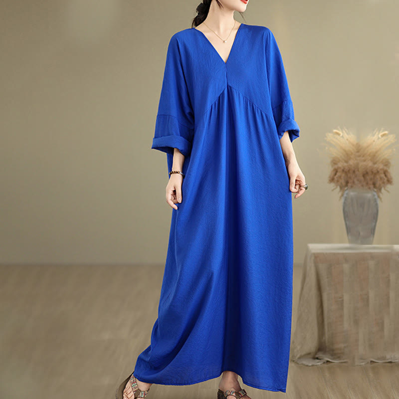 Buddha Stones Fall Casual V-Neck Long Sleeve Cotton Maxi Dress