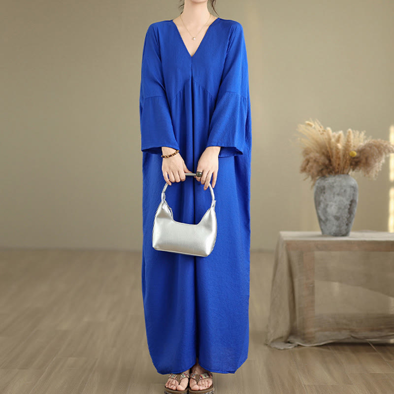 Buddha Stones Fall Casual V-Neck Long Sleeve Cotton Maxi Dress