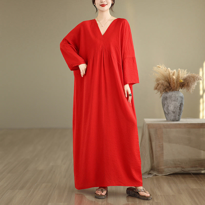 Buddha Stones Fall Casual V-Neck Long Sleeve Cotton Maxi Dress