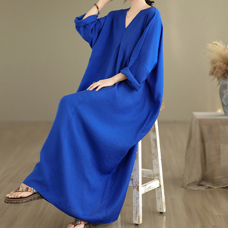 Buddha Stones Fall Casual V-Neck Long Sleeve Cotton Maxi Dress