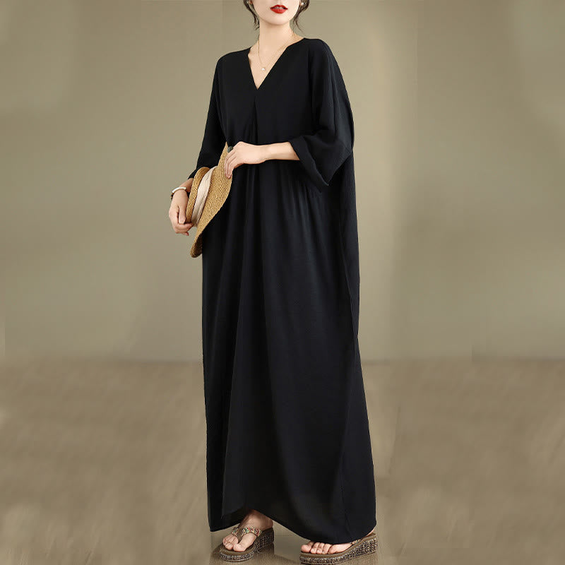 Buddha Stones Fall Casual V-Neck Long Sleeve Cotton Maxi Dress