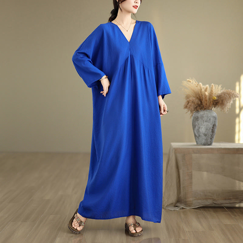 Buddha Stones Fall Casual V-Neck Long Sleeve Cotton Maxi Dress