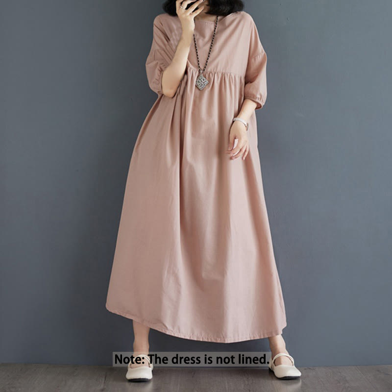 Buddha Stones Casual Solid Color Pleated Design Crew Neck Half Puff Sleeve Cotton Maxi Dress