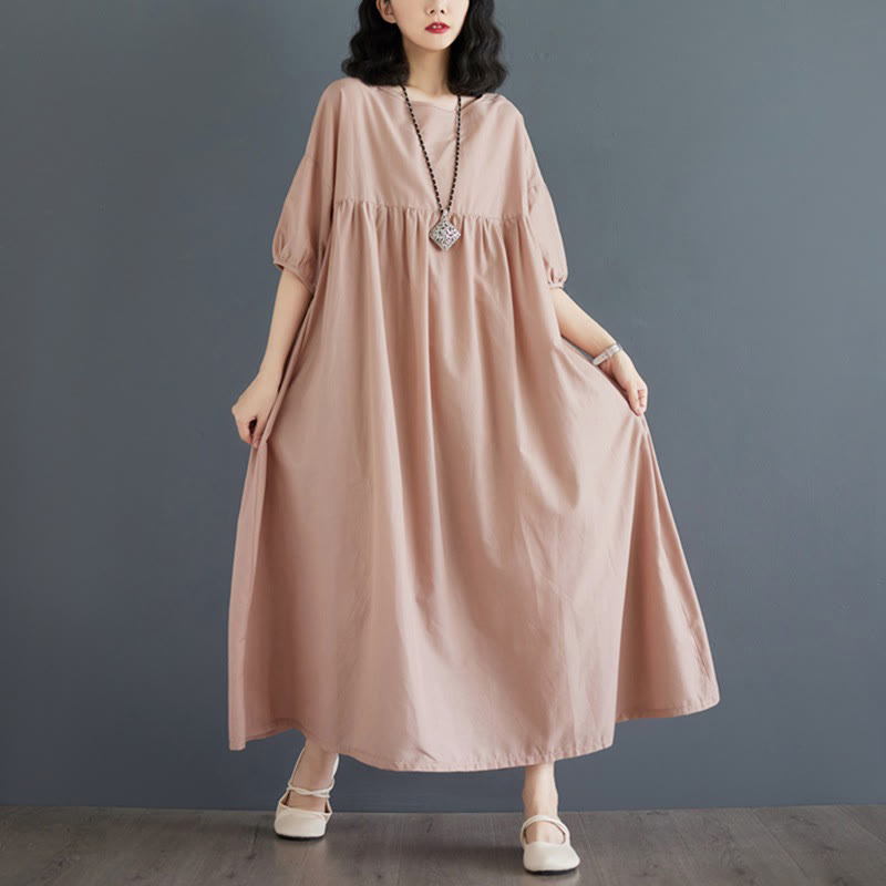 Buddha Stones Casual Solid Color Pleated Design Crew Neck Half Puff Sleeve Cotton Maxi Dress