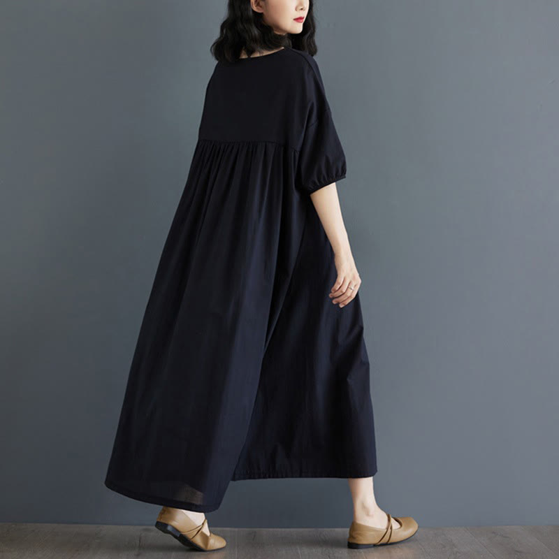 Buddha Stones Casual Solid Color Pleated Design Crew Neck Half Puff Sleeve Cotton Maxi Dress