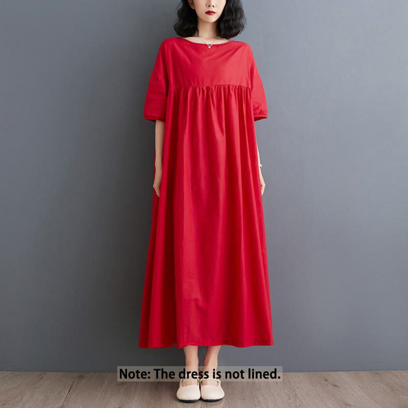 Buddha Stones Casual Solid Color Pleated Design Crew Neck Half Puff Sleeve Cotton Maxi Dress