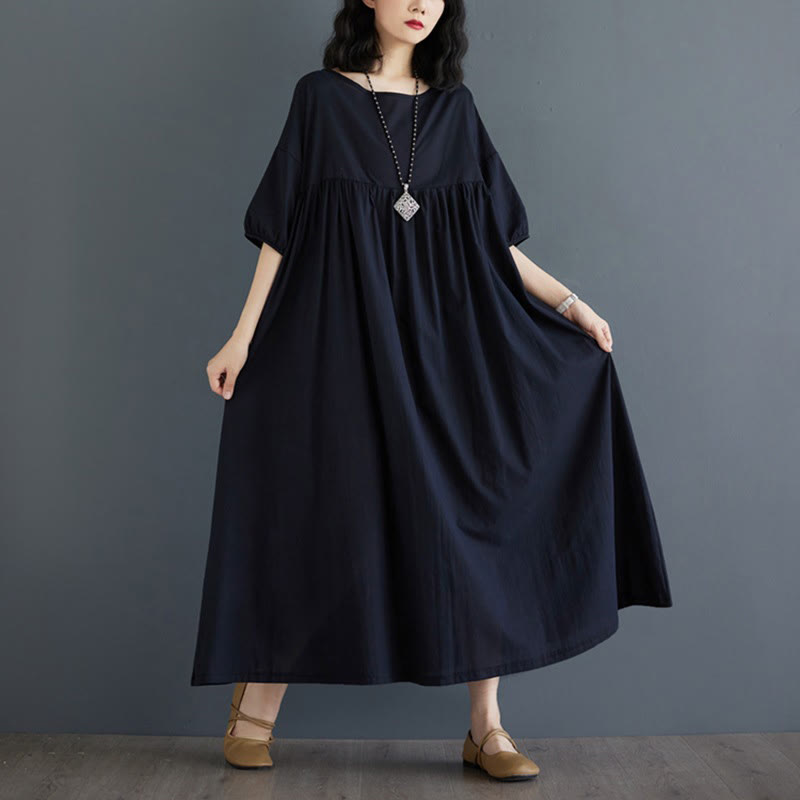 Buddha Stones Casual Solid Color Pleated Design Crew Neck Half Puff Sleeve Cotton Maxi Dress