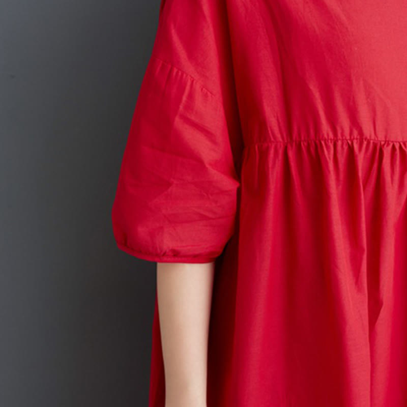 Buddha Stones Casual Solid Color Pleated Design Crew Neck Half Puff Sleeve Cotton Maxi Dress