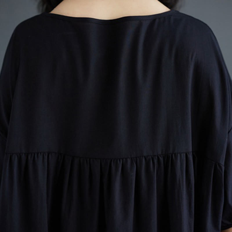 Buddha Stones Casual Solid Color Pleated Design Crew Neck Half Puff Sleeve Cotton Maxi Dress